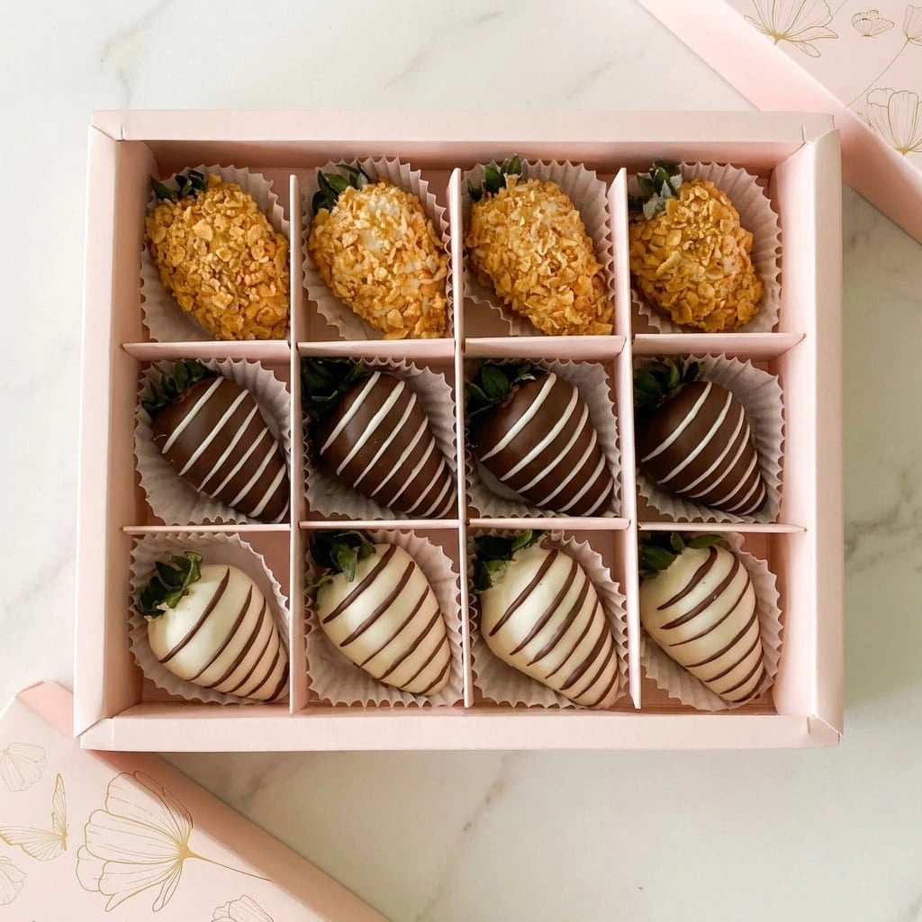 Vista superior de caja con 12 fresas con chocolate blanco, oscuro y maní de edición especial Fruit Santé