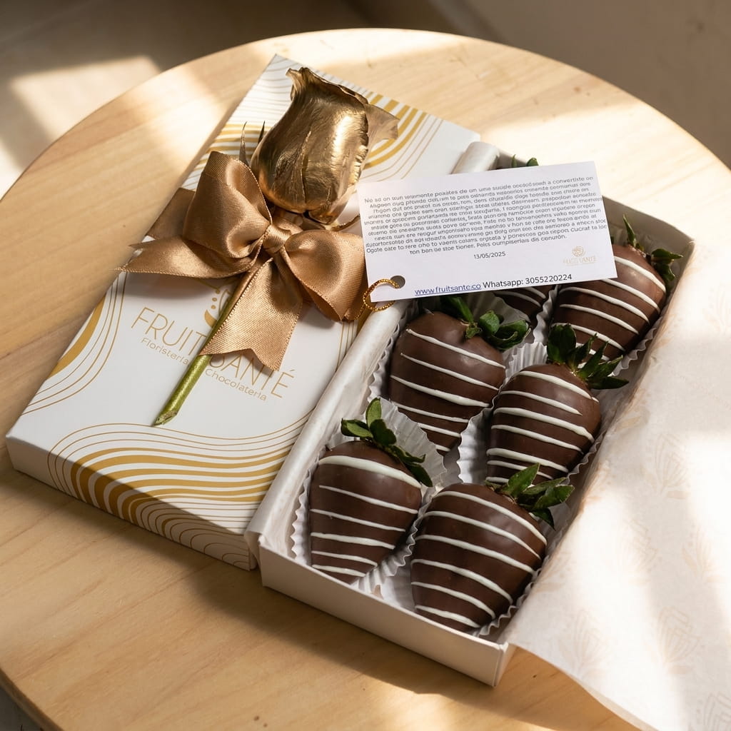 Caja Edición Dorada con 6 fresas con chocolate oscuro y rosa dorada eterna de Fruit Santé Bogotá