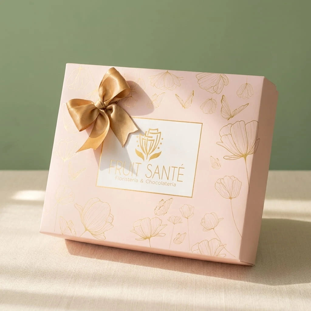 Caja regalo luxury rosa pastel con lazo dorado de fresas con chocolate premium Fruit Santé en Bogotá