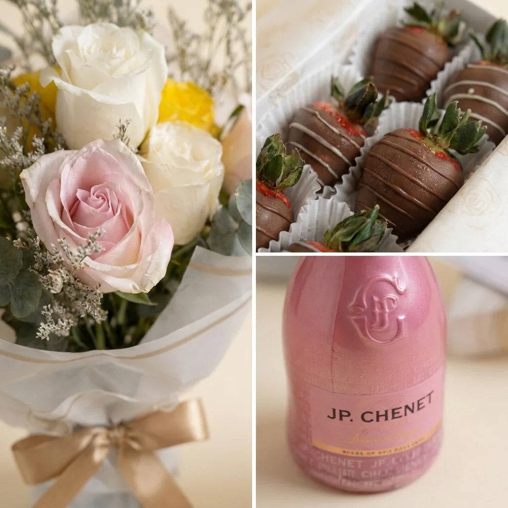 Duo Florencia: Bouquet Rosas Pasteles + Fresas con Chocolate + Champagne Rosé | Fruit Santé