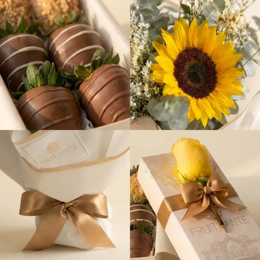 Duo Florencia: Ramo con Girasol + Caja de 6 Fresas con Chocolate y Rosa Amarilla | Regalo Premium en Bogotá