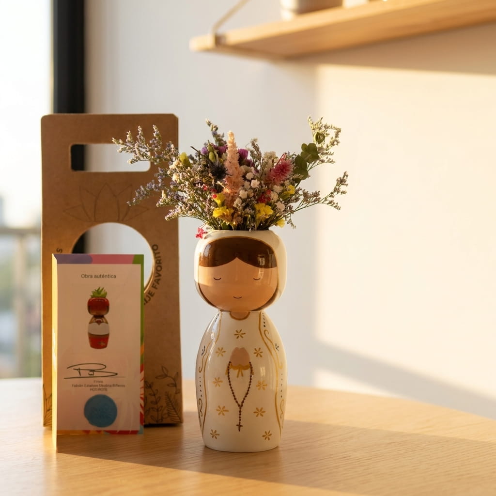 Matera artesanal Pot.Pots con flores secas frescas y caja regalo Fruit Santé sobre mesa de madera en apartamento - luz dorada natural