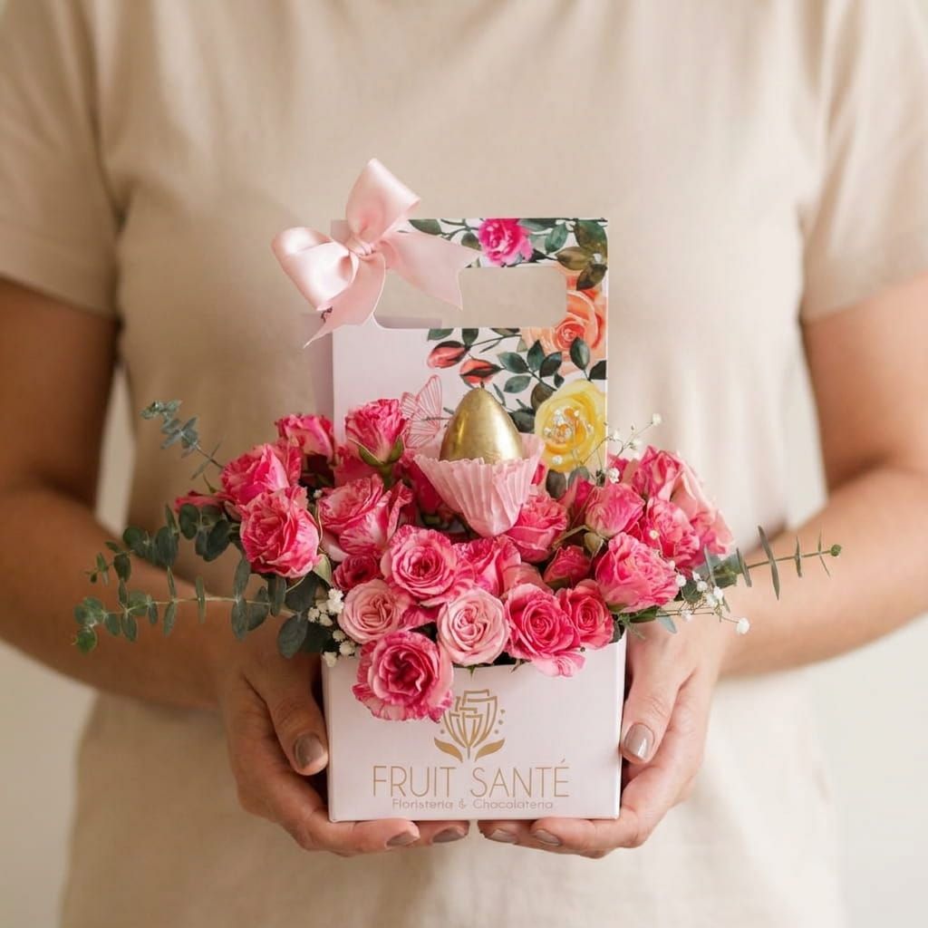 Persona sosteniendo el arreglo Jardín Dorado de mini rosas y fresas con chocolate, referencia de tamaño