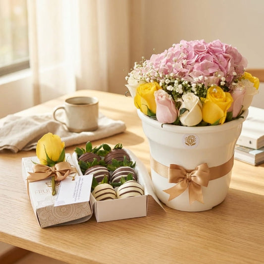 Flores y fresas con chocolate a domicilio en Bogotá sobre mesa de madera junto a una taza de café