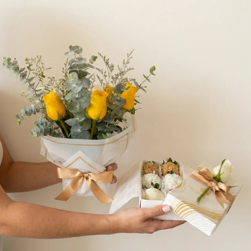 Sol de Gratitud: Rosas Amarillas & Fresas con Chocolate – Duo Florencia premium