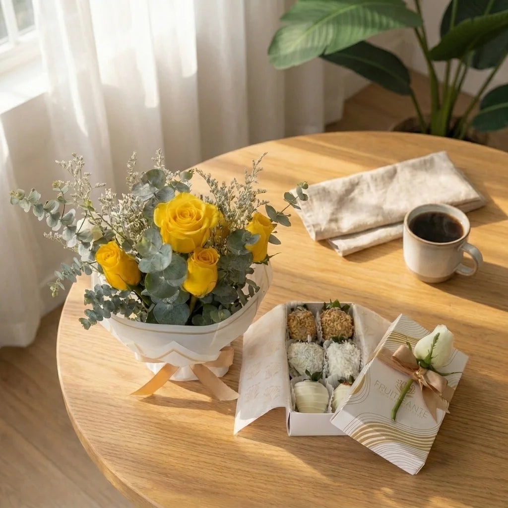 Sol de Gratitud: Rosas Amarillas & Fresas con Chocolate – Duo Florencia premium