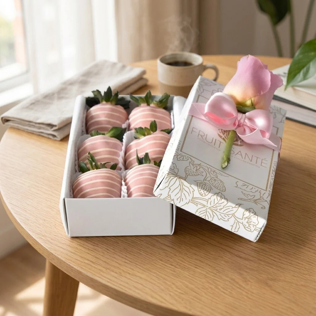 Caja de 6 Fresas premium con chocolate rosado + Rosa Rosada