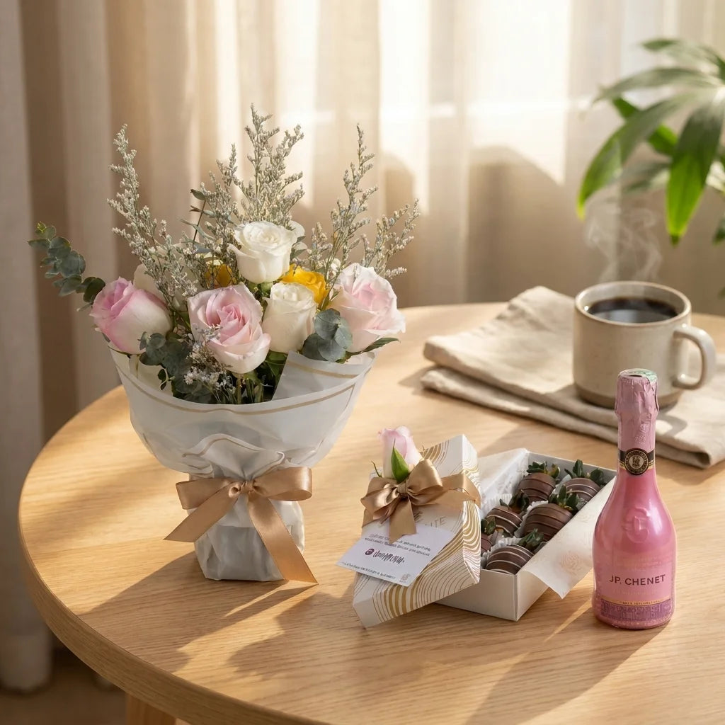 Duo Florencia: Bouquet Rosas Pasteles + Fresas con Chocolate + Champagne Rosé | Fruit Santé