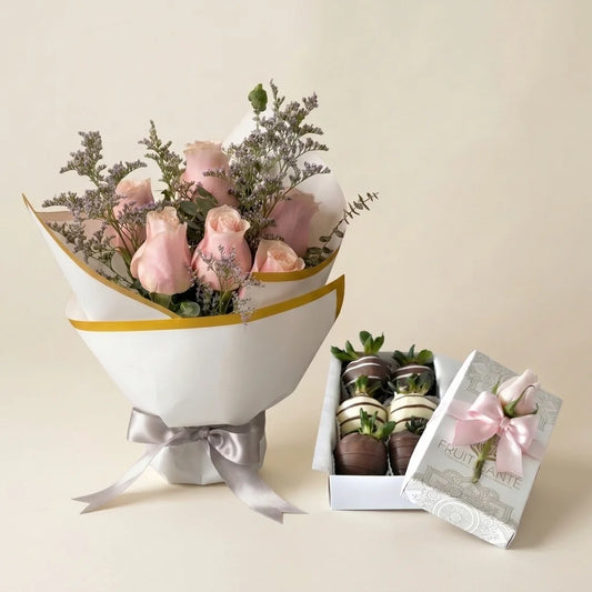 bouquet de rosas rosadas y fresas  con chocolate