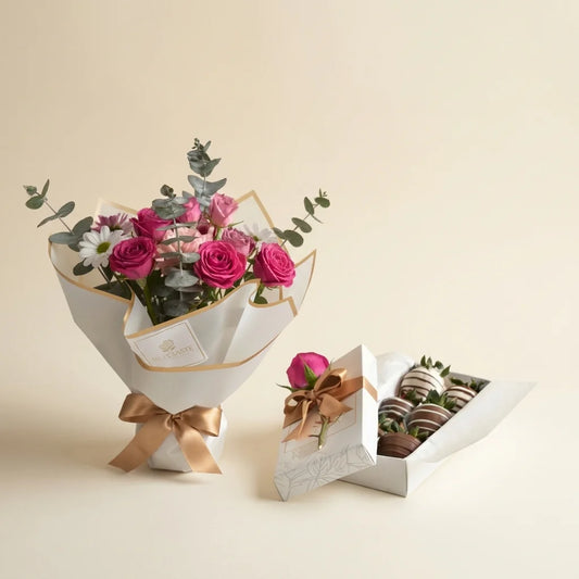 bouquet de mini rosa y margaritas y caja de fresas con chocolate a domicilio en Bogotá