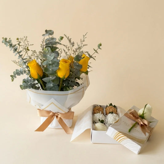 Bouquet de rosas amarillas y fresas con chocolate