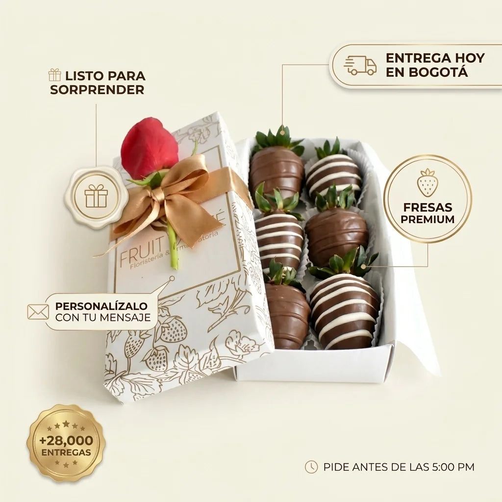 Caja de 6 Fresas premium con chocolate + Rosa Roja