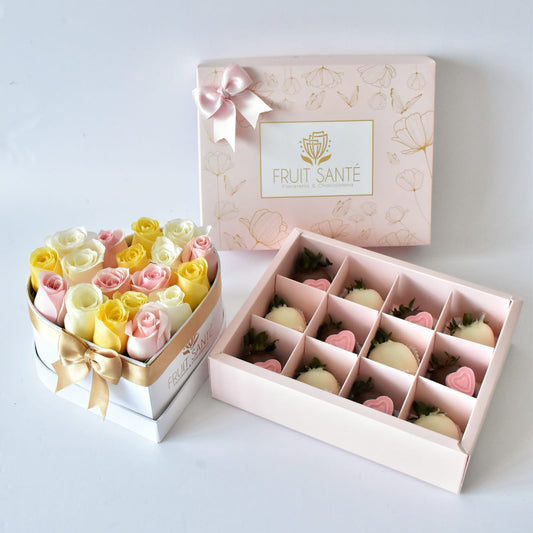 Corazon de rosas y fresas con chocolate en Bogotá