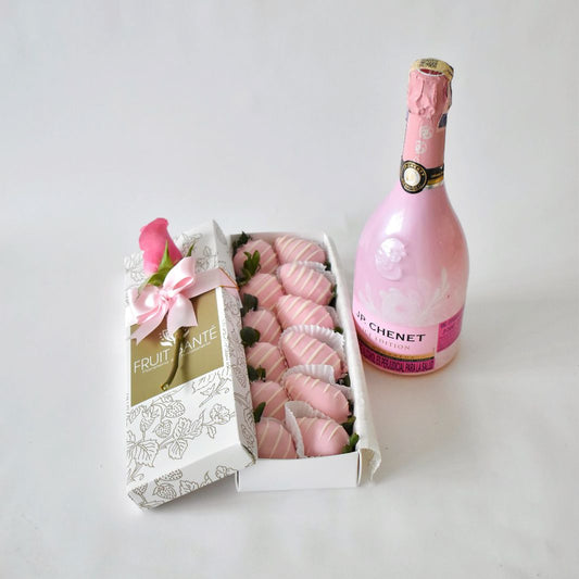Caja de fresas con chocolate rosado y champaña JP Chenet en Bogotá
