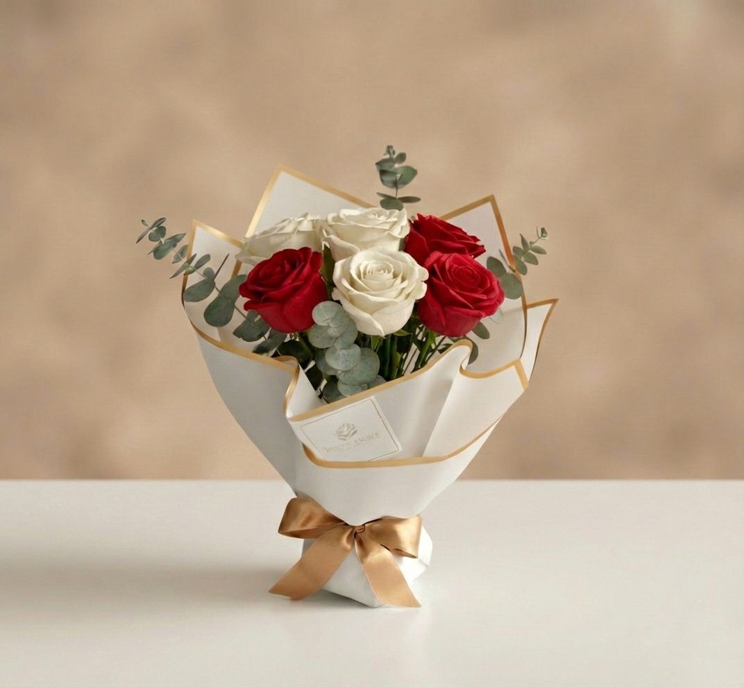 Bouquet de rosas rojas y blancas con eucalipto en empaque blanco minimalista con lazo dorado – Fruit Santé Bogotá