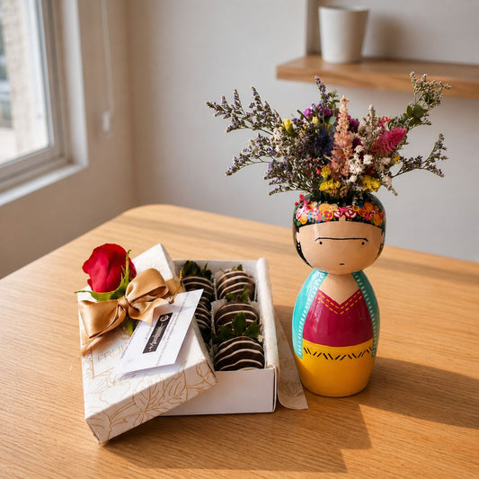 Caja 6 fresas premium + Pieza de arte frida kahlo