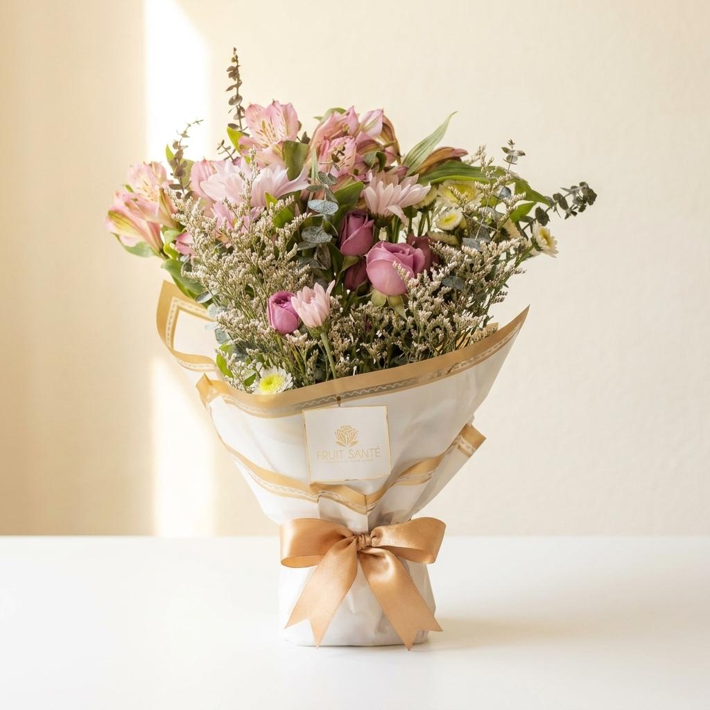 Bouquet de astromelias rosadas, rosas y eucalipto envuelto en papel blanco con lazo dorado Fruit Santé Bogotá