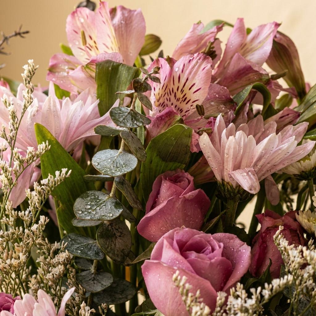 Bouquet de Astromelias Rosadas y Rosas con Eucalipto | Fruit Santé Bogotá