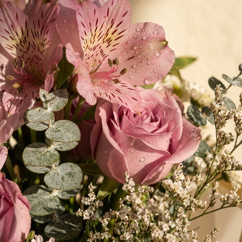 Bouquet de Astromelias Rosadas y Rosas con Eucalipto | Fruit Santé Bogotá