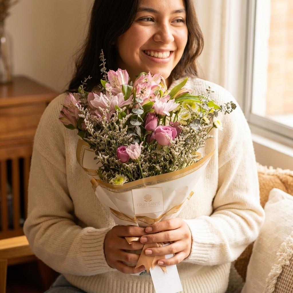 Mujer recibiendo bouquet de astromelias rosadas y rosas como regalo en Bogotá Fruit Santé