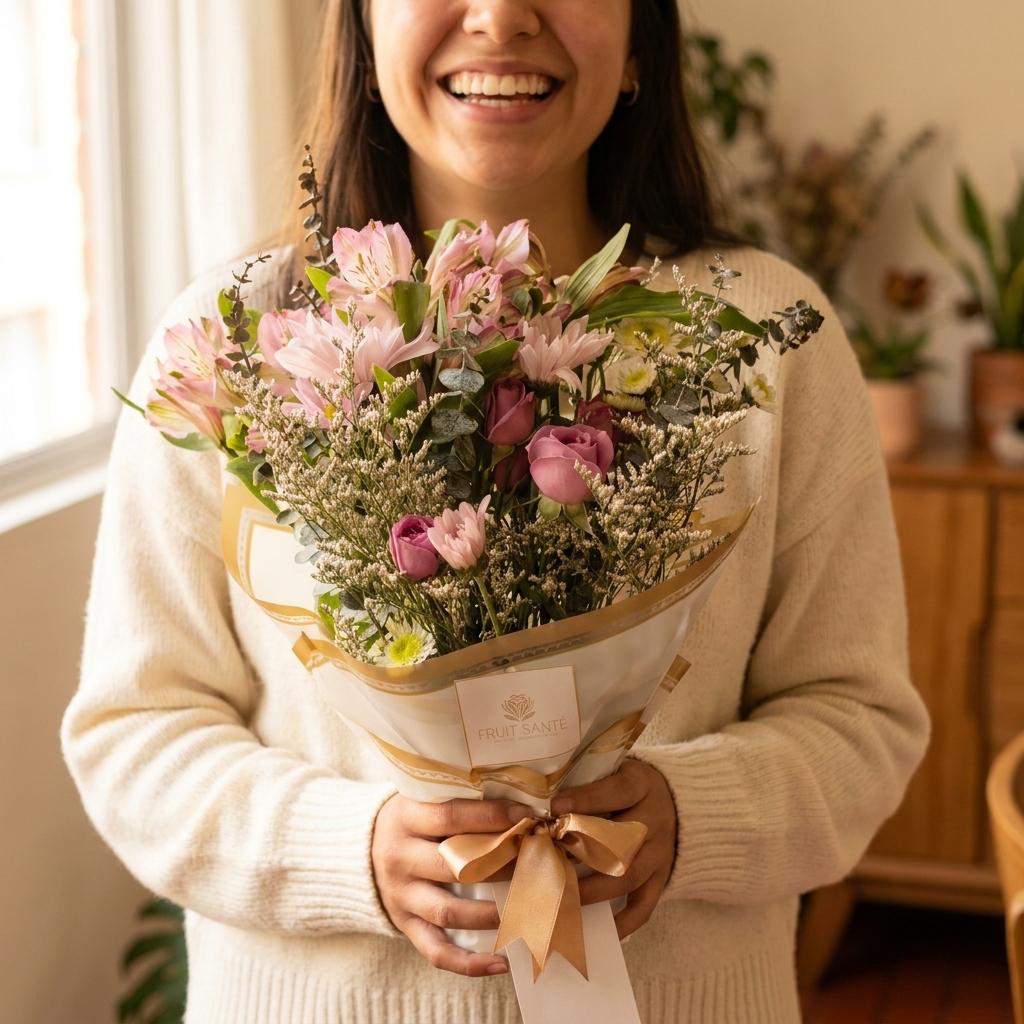 Bouquet de Astromelias Rosadas y Rosas con Eucalipto | Fruit Santé Bogotá