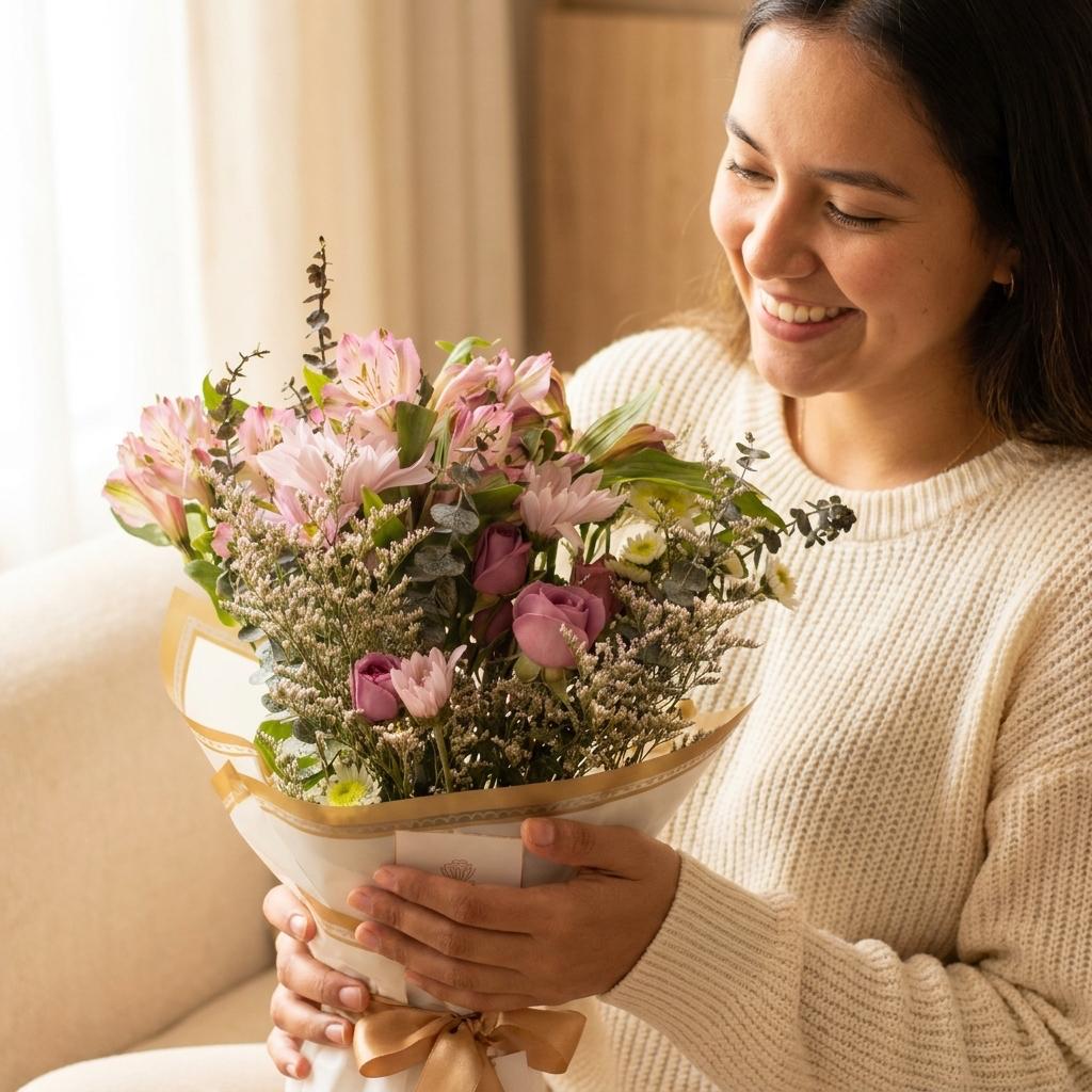 Bouquet de Astromelias Rosadas y Rosas con Eucalipto | Fruit Santé Bogotá