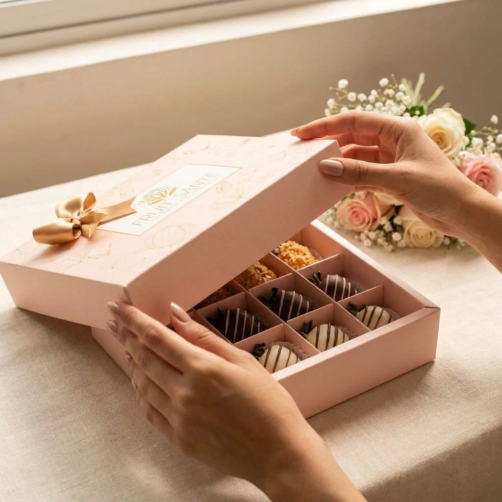 Mujer abriendo caja luxury de fresas con chocolate Fruit Santé como regalo especial en Bogotá