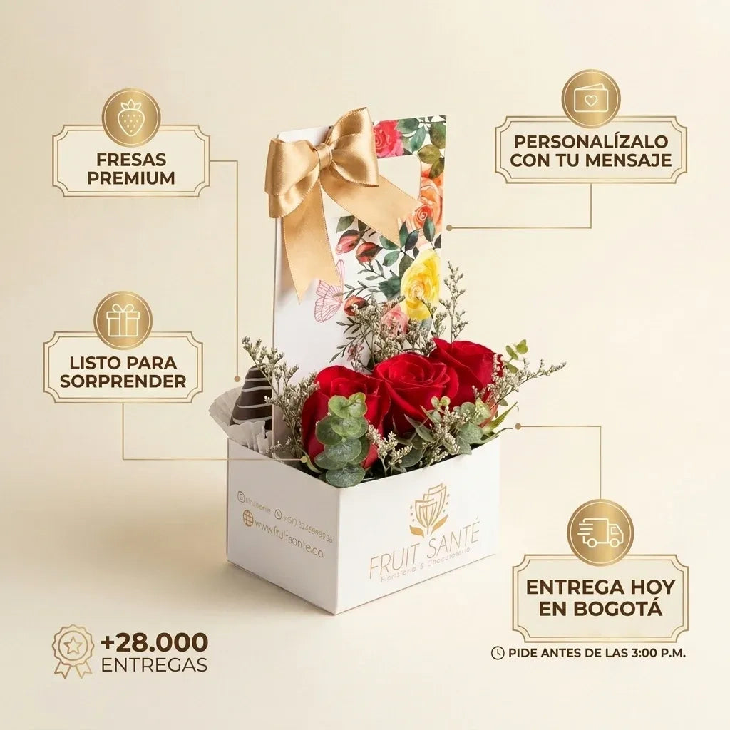 Rosas Rojas y Fresas con Chocolate en Caja Bogotá | Fruit Santé