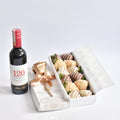 🍷Caja de 12 Fresas premium con chocolate + Rosa dorada y Vino chileno✨