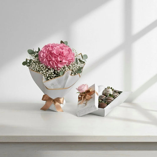 bouquet de hortensias y fresas con chocolate en bogota