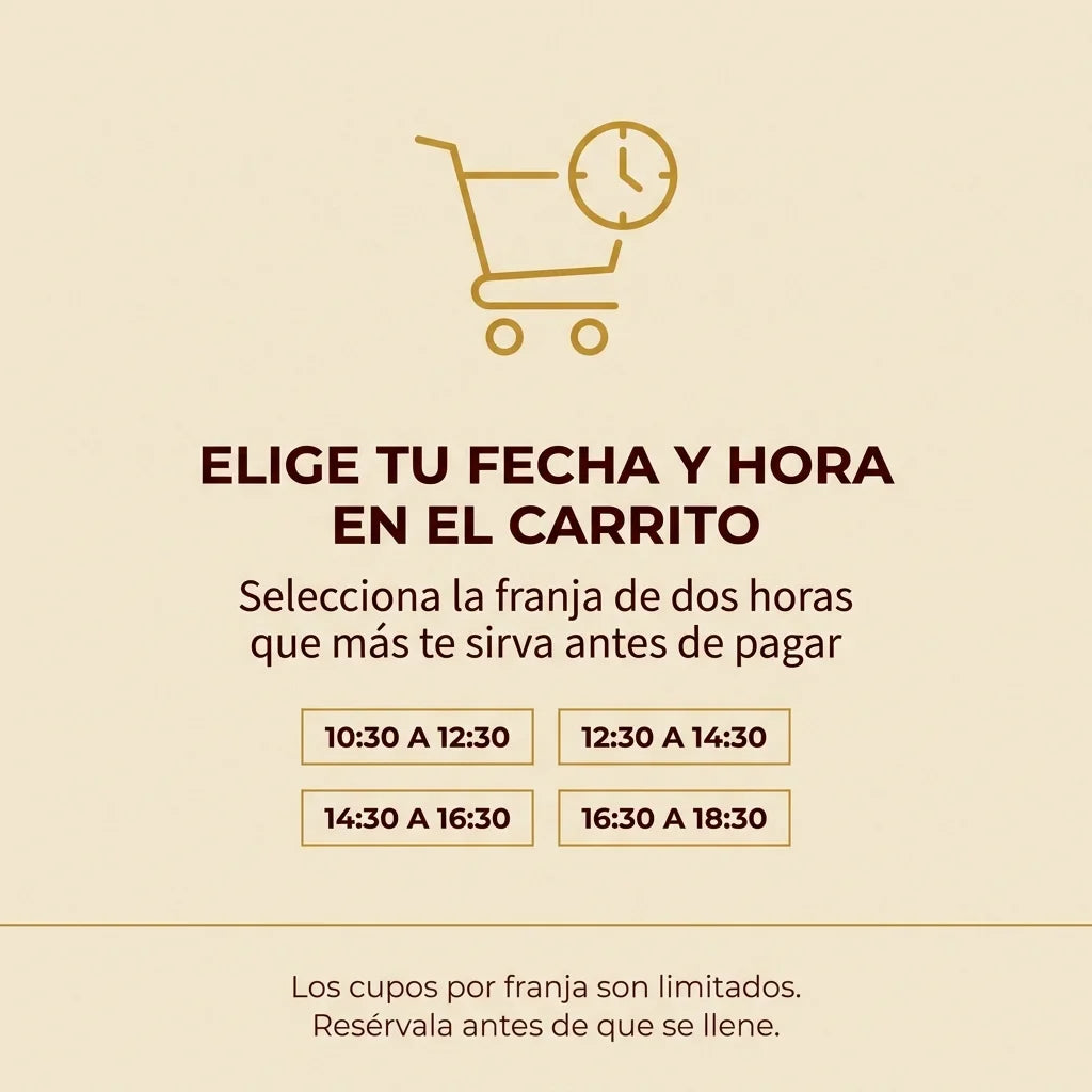 En el carrito eliges la fecha y la franja de dos horas para tu entrega, antes de pagar