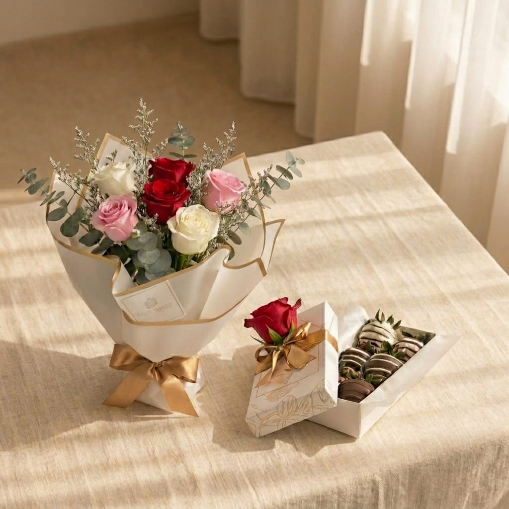 Duo Florencia: Romance — Bouquet de Rosas & Fresas con Chocolate