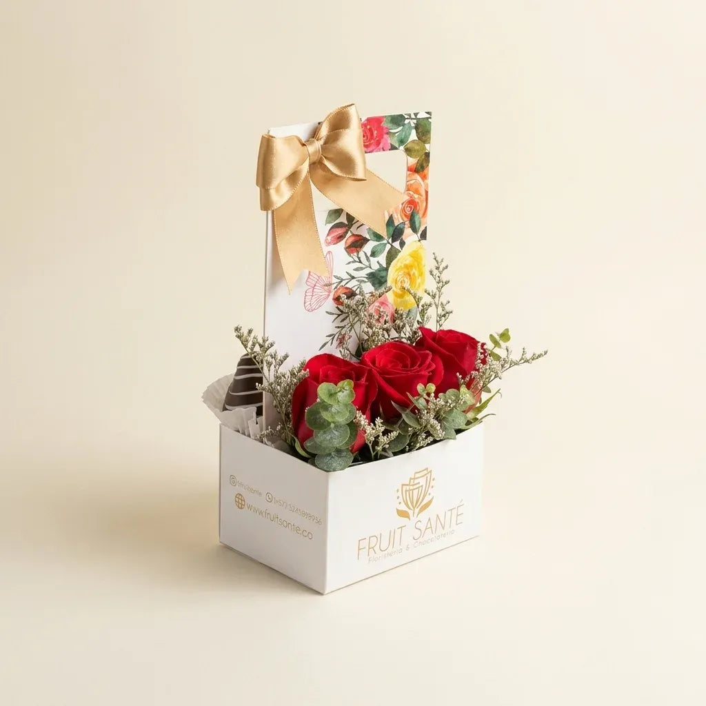 Caja jardinera con rosas rojas frescas y 3 fresas con chocolate a domicilio en Bogotá - Fruit Santé