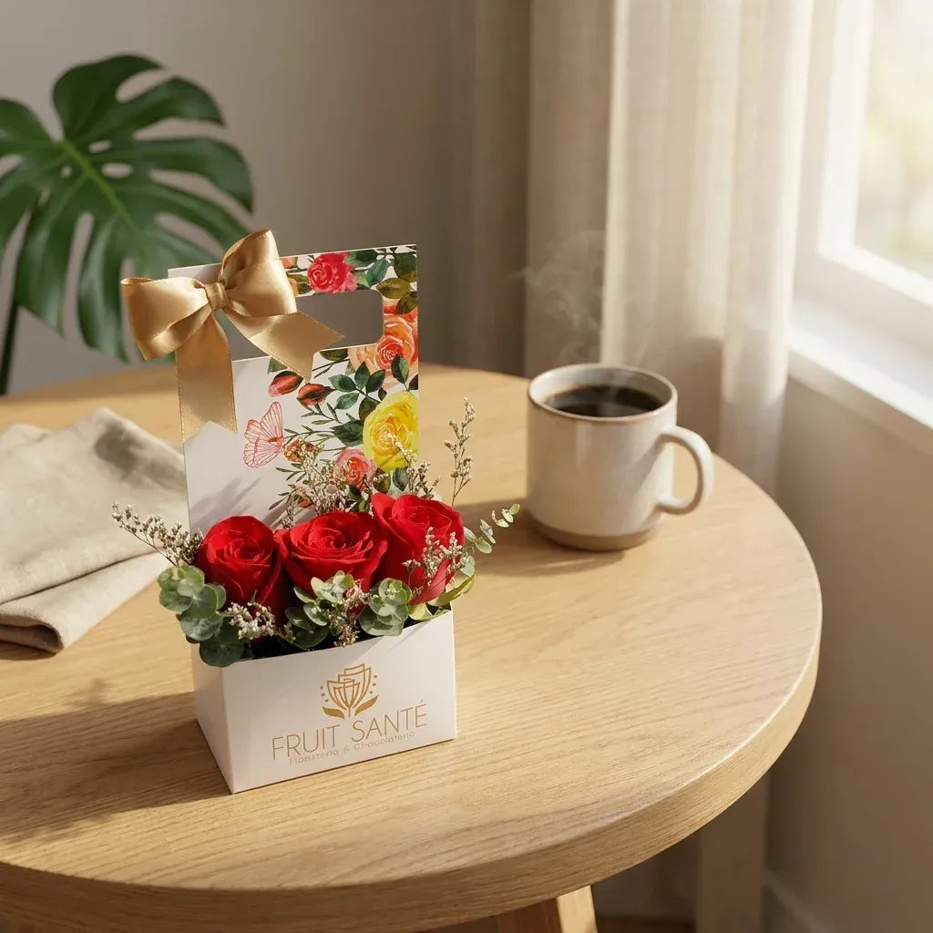 Arreglo de rosas rojas y fresas con chocolate en caja jardinera sobre mesa de madera junto a un café caliente